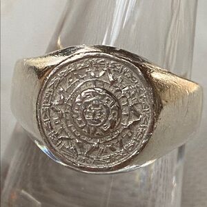 Mexican 925 Sterling Silver Coin Aztec Calendar Signet Ring 7.25